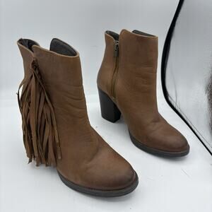 Steve Madden Boots Womens 8.5 Woodstock Brown Leather Fringe Bootie Block Heel C